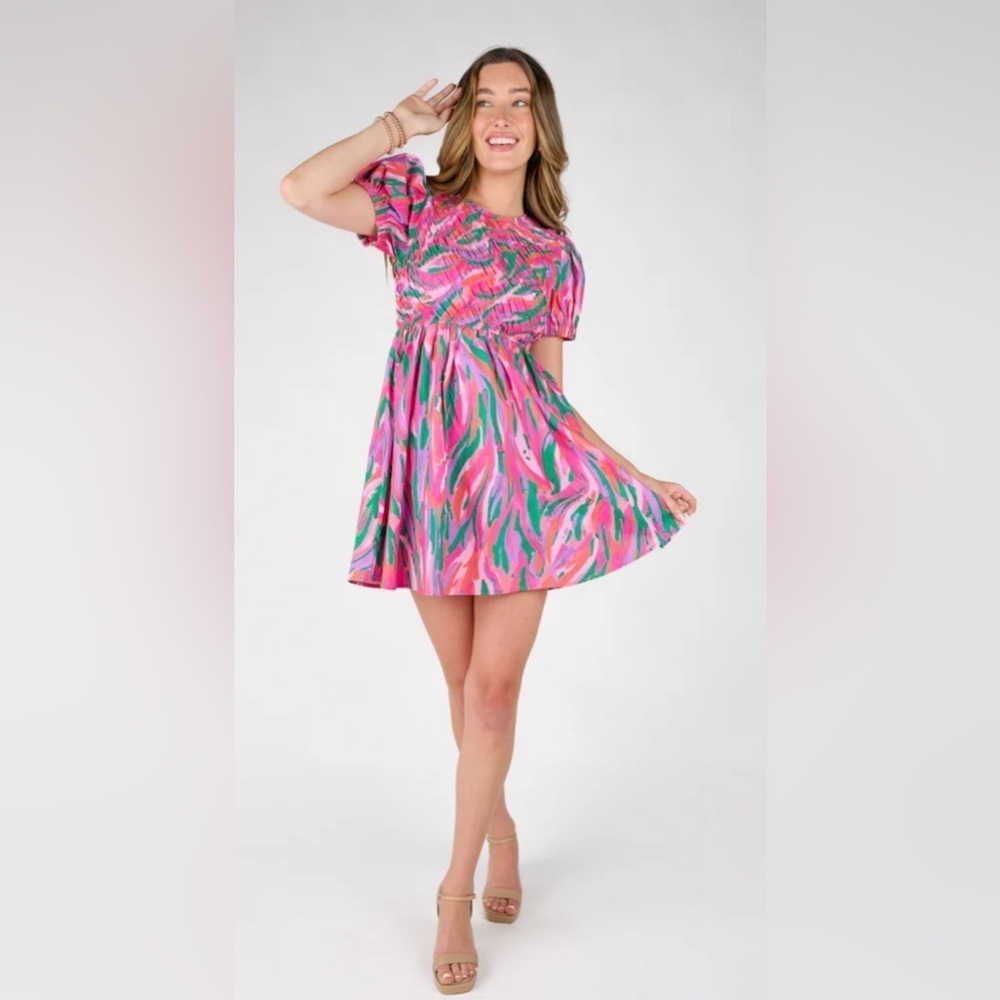 Vestique Katy Mini Dress with Smocked Bodice Vibrant Colors Small